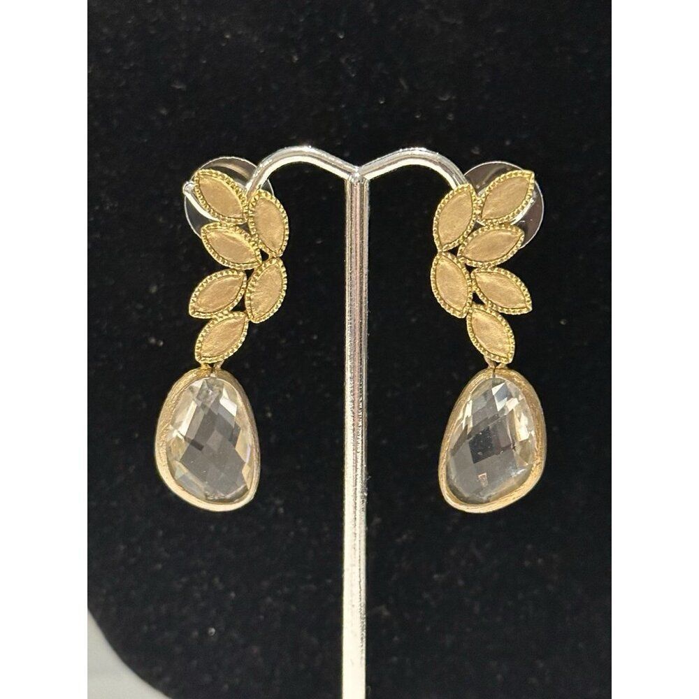 Gold Tone Multifaceted Laurel Leaf Dangle Earrings